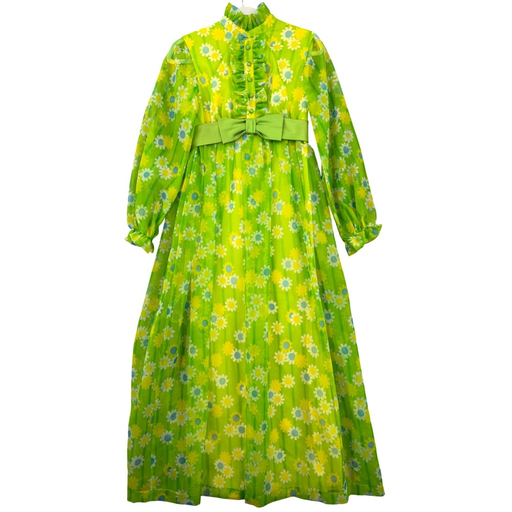 60s 70s VTG Green Daisy Floral Sheer Maxi Dress Ruffle Neck Bow Waist Mod Boho